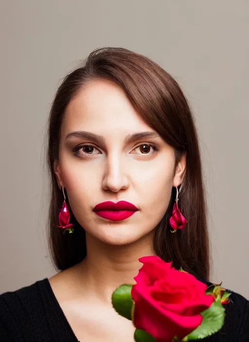 Prompt: portrait of a 2 3 year old woman, symmetrical face, lipstick and earrings, rose, she has the beautiful calm face of her mother, slightly smiling, ambient light