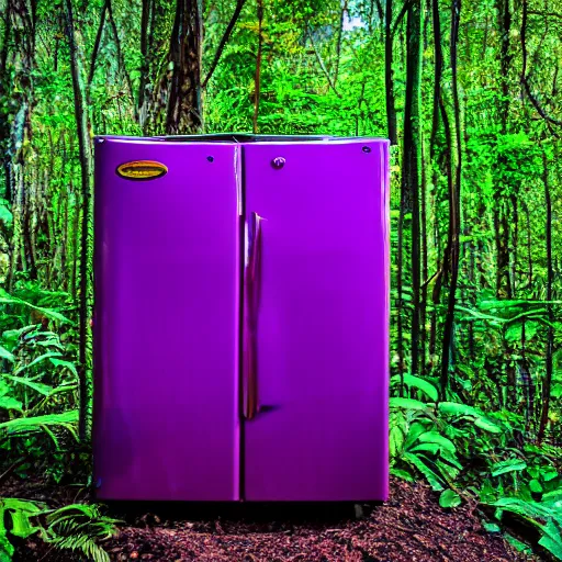 Image similar to purple refrigerator in a jungle, 4k photograph