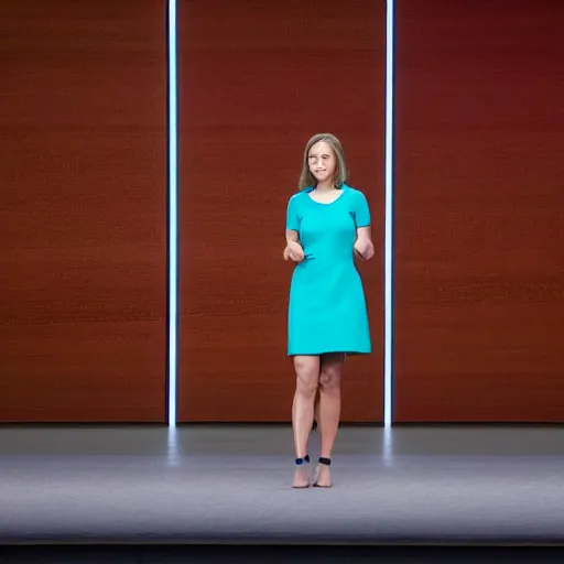 Prompt: photograph of a female mark zuckerberg giving a keynote speech on apple park