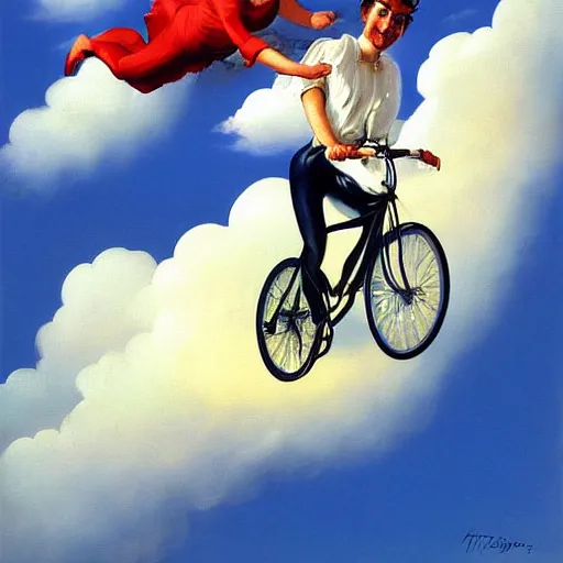 Prompt: A whimsical painting of a happy man flying in the sky on his bicycle in the clouds by Artgerm, Mark Arian, Rolf Armstrong