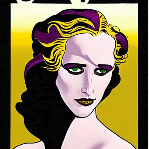 Prompt: Eva Green is Metamorpho, the Element Woman, Art by Coles Phillips, Chalk white skin, deep purple hair, Green eyes, Portrait of the actress, Eva Green as Metamorpho, art deco, Alphonse Mucha, carbon black and antique gold