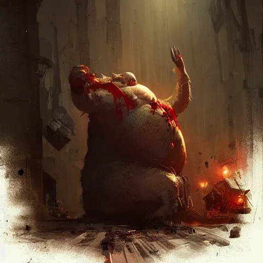 Image similar to a ravenous big chungus is devouring the world, with blood dropping from his mouth, Greg rutkowski, Trending artstation, cinematográfica, digital Art