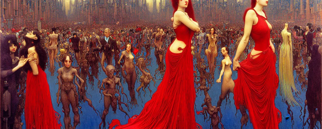 Image similar to realistic extremely detailed full height portrait painting of a girl with dark hair and red dress in a crowded sci-fi city street, very detailed crowd by Jean Delville, Amano, Yves Tanguy, Alphonse Mucha, Ernst Haeckel, Edward Robert Hughes, Roger Dean, rich moody colours, blue eyes