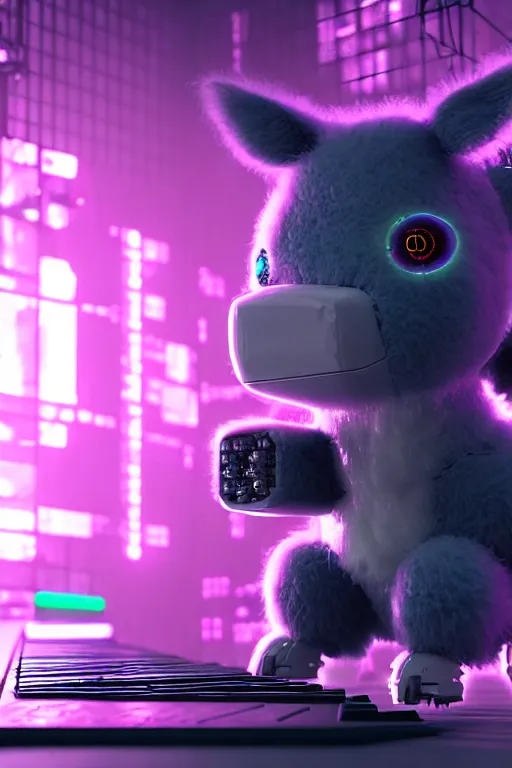 Prompt: high quality 3 d render very cute neuromancer fluffy! cyborg cow playing! keyboard!!, highly detailed, unreal engine cinematic smooth, in the style of blade runner & detective pikachu, hannah yata charlie immer, moody light, low angle, uhd 8 k, sharp focus