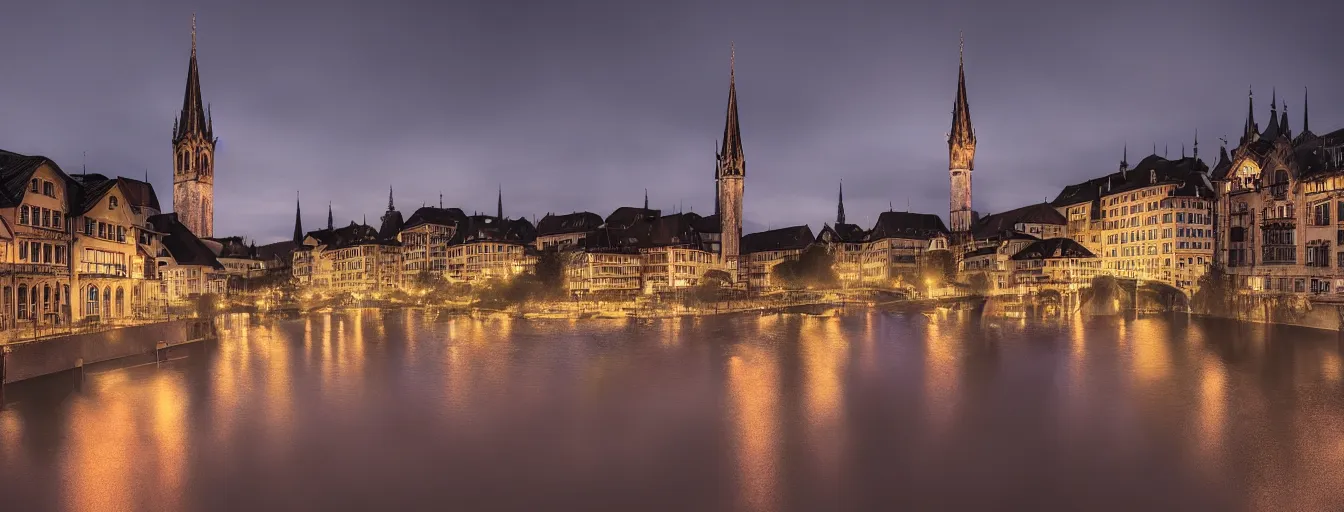 Prompt: Digital painting of Neo-Gothic Zurich, Limmat and the lake at night, wide angle, volumetric light, hyperdetailed, Alsp in the background, artstation, cgsociety, 8k