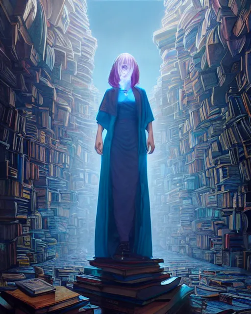 Image similar to highly detailed surreal vfx portrait of a female mage with a blue cape in a labyrinth of books, stephen bliss, unreal engine, greg rutkowski, loish, rhads, beeple, makoto shinkai and lois van baarle, ilya kuvshinov, rossdraws, tom bagshaw, alphonse mucha, global illumination, detailed and intricate environment