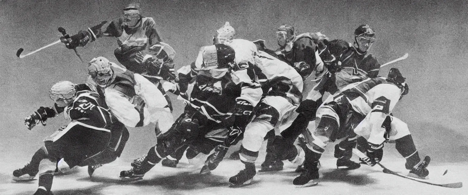 Prompt: detailed sharp photograph in the style of popular science circa 1 9 5 5 of a hockey game