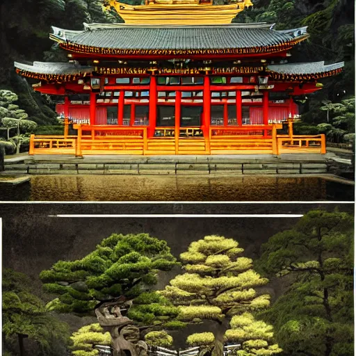 Image similar to traditional shinto temple with bonsai trees, bizzaro, baroque, renaissance, by emedios varo and anato finnstark and fenghua zhong, hyperrealism, 4 k 8 k, 3 d, hyperrealism, masterpiece, texture, captivating, awe inspiring