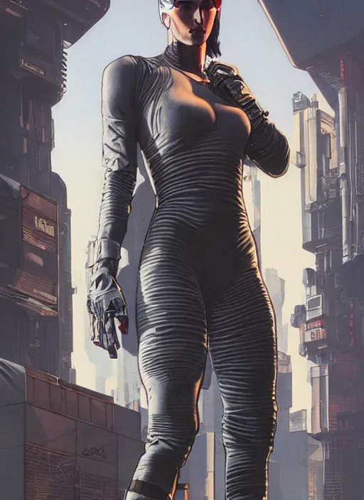 Image similar to menacing cyberpunk gymnast in military vest and jumpsuit. dystopian. portrait by stonehouse and mœbius and will eisner and gil elvgren and pixar. realistic proportions. cyberpunk 2 0 7 7, apex, blade runner 2 0 4 9 concept art. cel shading. attractive face. thick lines.