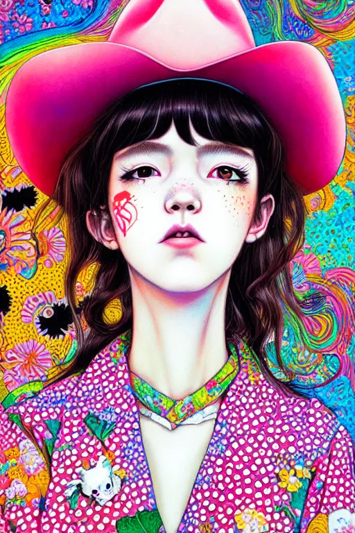 Image similar to girl wearing cowboy hat, style of yoshii chie and hikari shimoda and martine johanna, highly detailed