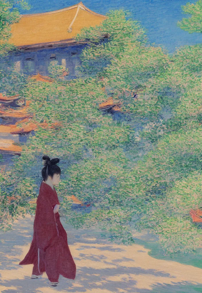 Prompt: tiny samurai in front of a futuristic japanese country side landscape, edo era house in the background, blue sky, magnificient clouds, lofi vibe, vivide colors, amazing light, really beautiful nature, oil painting, impressionist style, by claude monet, by ghibli, abstract kandinsky elements, multiple brush strokes, masterpiece