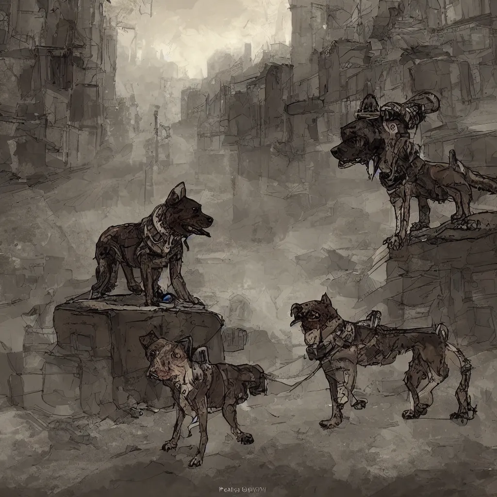 Image similar to post apocalyptic dog in moscow, digital art