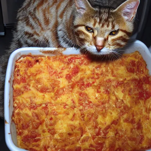 Prompt: ((orange)) tabby cat standing in lasagna, messy, photo, detailed, 4k