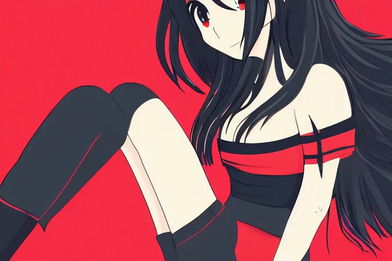 Prompt: a girl sitting on the ground, wearing a black outfit with red trim, soft white background, vector shaded, very anime, detailed colors, digital art, 4 k