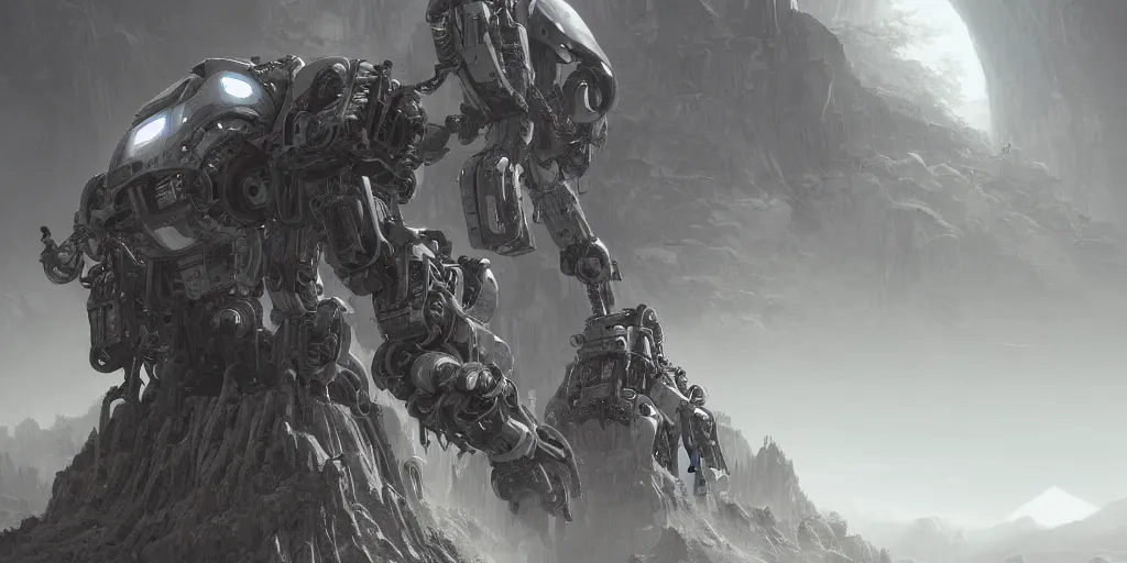 Image similar to robotic mechas in highly detailed alien planet with lush vegetation, deserts and mountains, desaturated, fog, mystical, artgerm, cgsociety