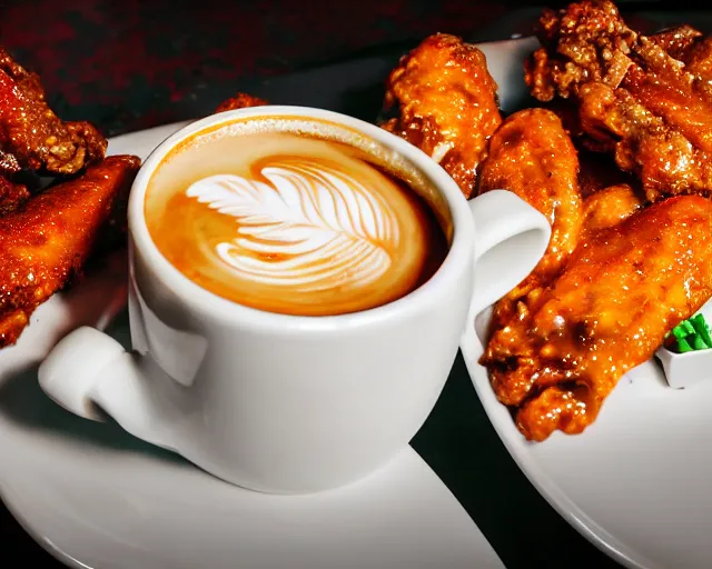 Image similar to hot wings covered in cheese next to a cup of coffee , Cinematic shot, 8k resolution