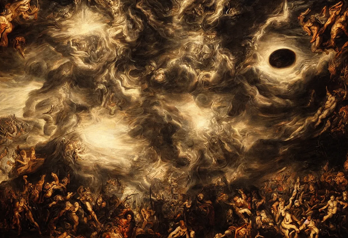 Prompt: under the eye of evil and monstruos alien god, apocalyptic, rubens and rembrandt