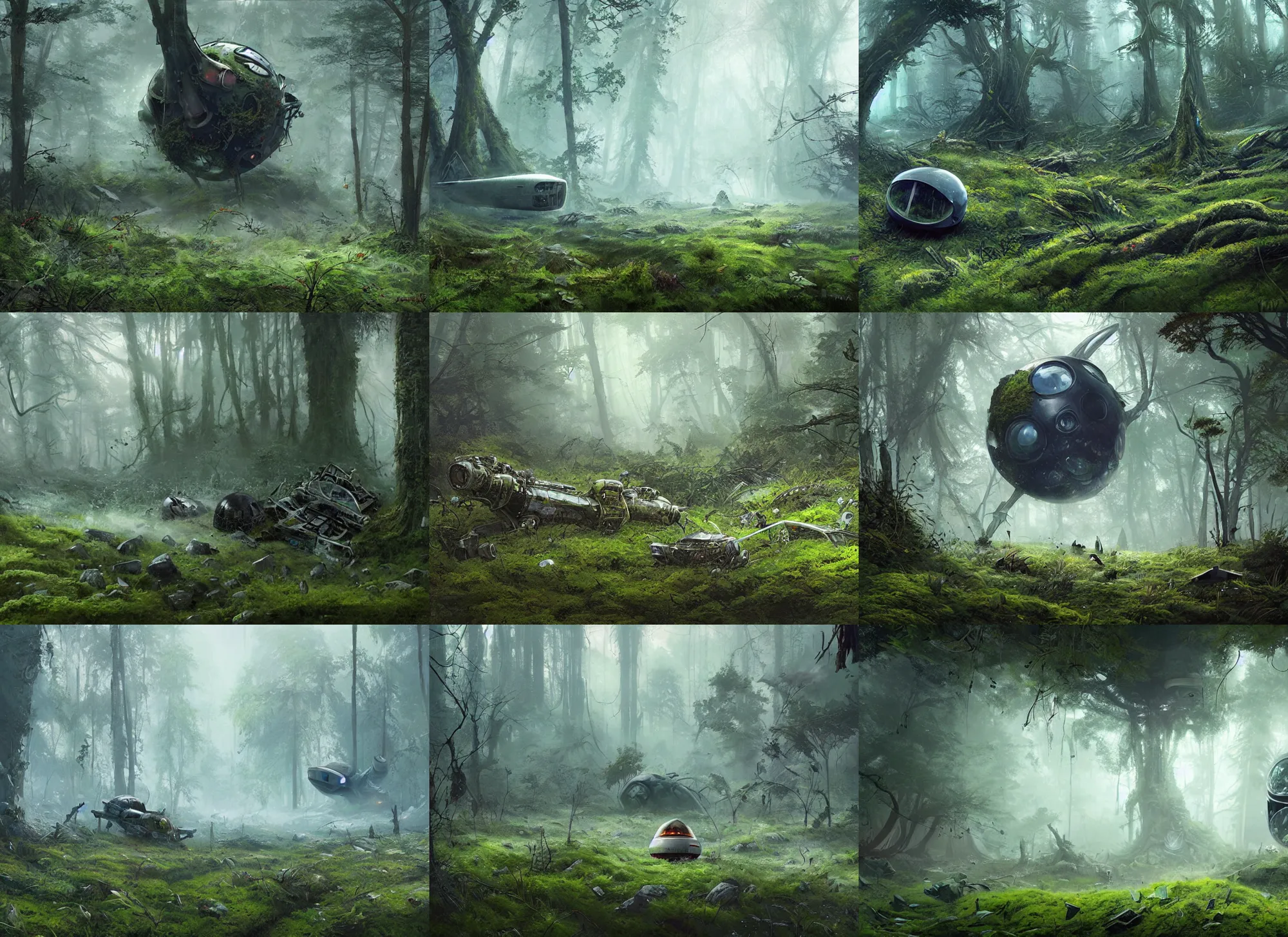 Prompt: wild overgrown forest, crashed spacecraft, moss, weeds, mist by Raoul Vitale and Greg Rutkowski