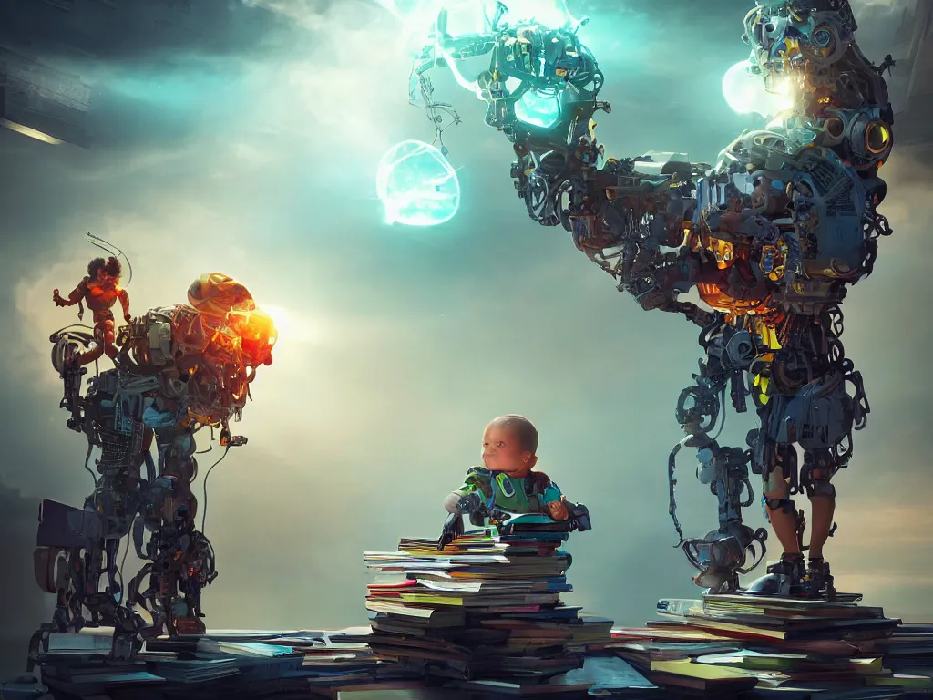 Image similar to A beautiful cyborg baby sitter, collecting books with multiple arms, hyperealistic colourful hdr , beautiful volumetric lighting, epic light, artstation, magic hour lighting, cgi render photorealistic cinematic octane render