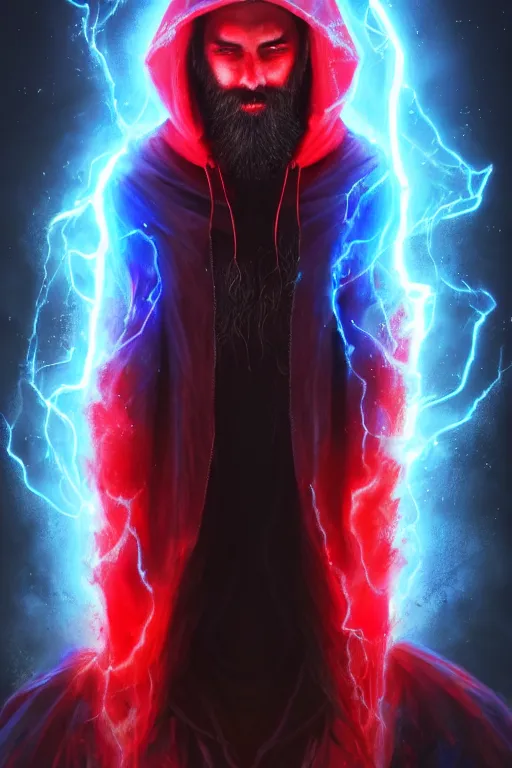 Image similar to A full body portrait of a mysterious dark sorcerer, with a long beard, a very long red and blue hooded cloak with blue fire coming off it, lightning in the sky art by Maciej Kuciara and Jason Chan, ominous, cosmic horror, trending on artstation, Ultra detailed, hyper realistic 4k