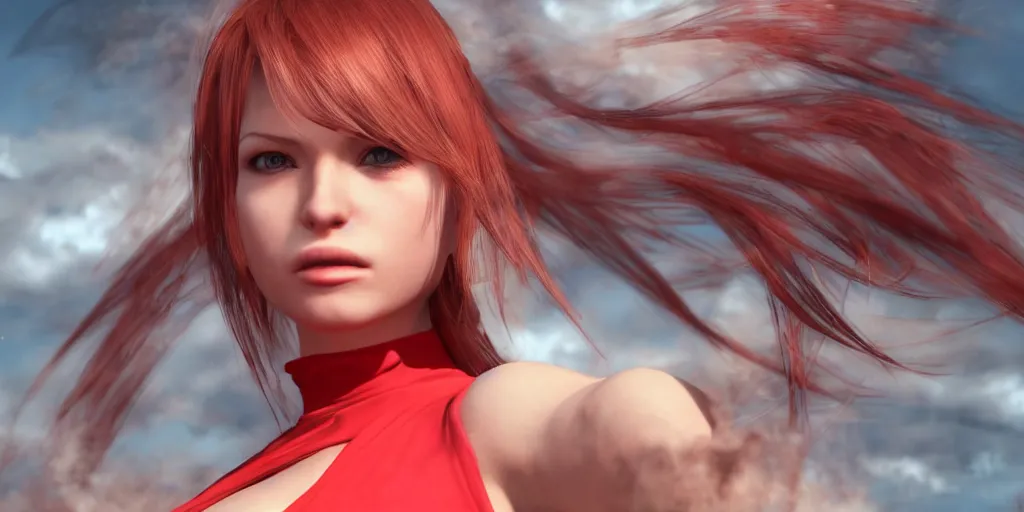 Prompt: epic scene of very attractive final fantasy 1 7 female character looking like brigid bardot, detail face, lovely eyes and lips, with amazing detail red dress ) ( fighting ) hyper realistic 3 d render, art station, particles, epic scene, mucha, clouds, jump pose, blur focus, action, fantasy, digital art, smooth curves