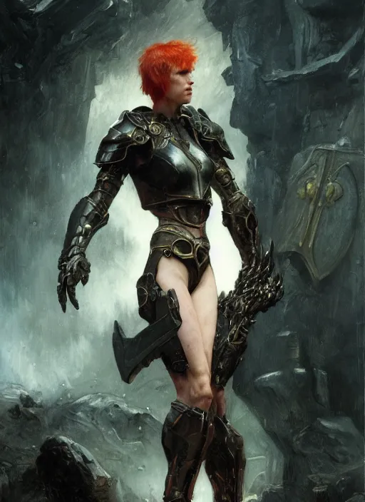 Image similar to red short haired muscular woman wearing basic black armour, detailed by gaston bussiere, bayard wu, greg rutkowski, giger, maxim verehin, greg rutkowski, masterpiece, sharp focus, cinematic lightning