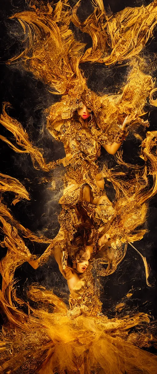 Image similar to 'Deamons unleashed in Times Square' by István Sándorfi royally decorated, whirling smoke, embers, gold encrustations , gilt silk torn fabric, radiant colors, fantasy, perfect lighting, studio lit, micro details,