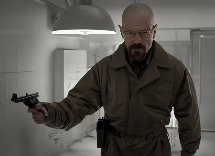 Prompt: film still of Walter White as Gordan Freeman in the Half Life Movie, 4k