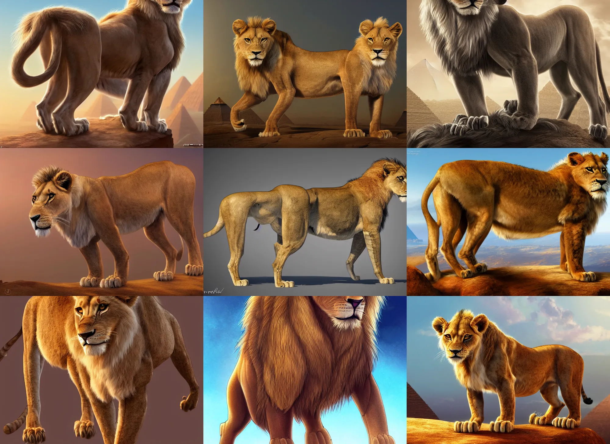 Prompt: fullbody extremely beautiful detailed character design of a feral lioness in egypt. extremely detailed fur deviantart lion adoptable, character concept artwork professional in the style of'the lion king'by jessica rossier, artstation, deviantart, fanpop, clean linework, fully colored, disney, disney