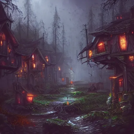 Image similar to A village in fairy tale forest in the style of cyberpunk in the style of dark fantasy art Trending on artstation DeviantArt Pinterest detailed realistic HD 8k High Resolution