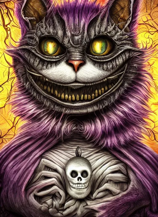 Image similar to cheshire cat the magician tarot card, highly detailed, half skull face, cinematic, 8 k, bymegan duncanson, benjamin lacombe, naoto hattori, adrian borda, giger, trending on deviantart, hyper detailed, horror, full of colour