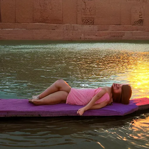 Image similar to egypt woman relaxing on river, coloured historic photo, sunset