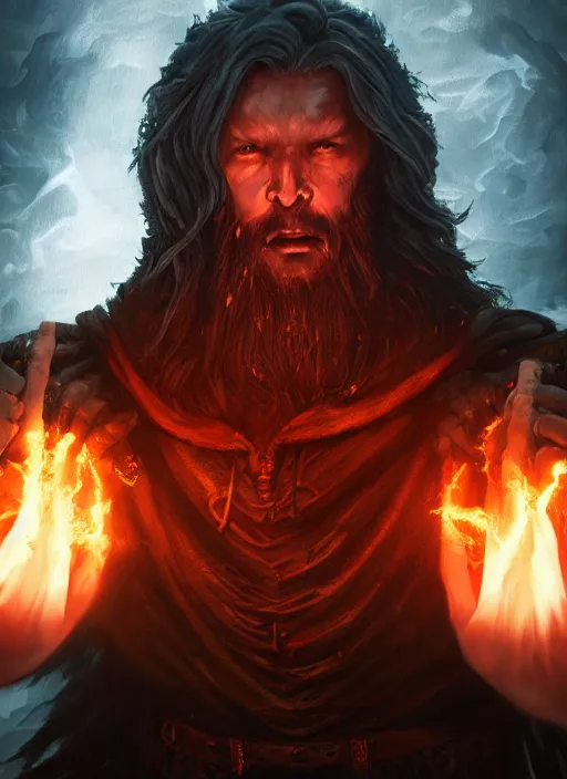 Image similar to A fantasy comic book style portrait painting of a brutal muscular male cleric druid spell casting flames in a atmospheric dark fortress, unreal 5, magician, DAZ, hyperrealistic, octane render, RPG portrait, ambient light, dynamic lighting