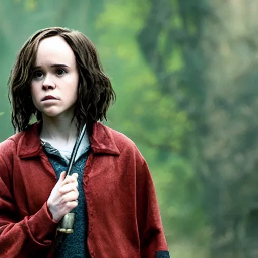 Image similar to Photo of Ellen Page as Hermonie Granger in Harry Potter, grimdark