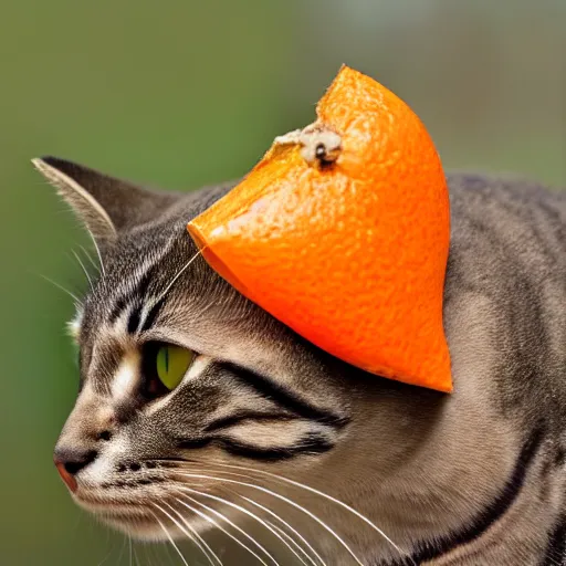 Image similar to photorealistic photograph of a cat wearing an orange peel as a hat by suzi eszterhas, fruit helmet, photorealism, photorealistic, realism, real, highly detailed, ultra detailed, detailed, f / 2. 8 l canon ef is lens, canon eos - 1 d mark ii, wildlife photographer of the year, pulitzer prize for photography, 8 k