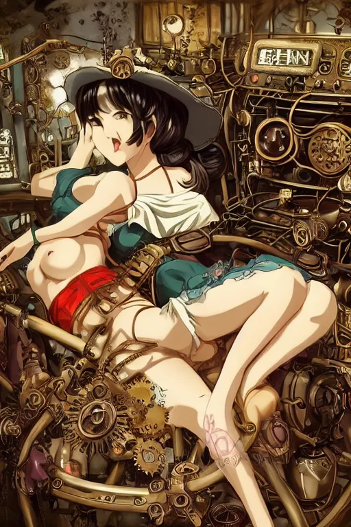 Prompt: anime style illustration, old sick dragon on a steam punk fainting couch with wires and gears and steam punk apparatus, artstation, matte painting, style of studio ghibli and huang guangjian and gil elvgren and sachin teng, featured in artstation and artgerm and pixiv, award winning, cinematic, elegant, intricate, 8 k