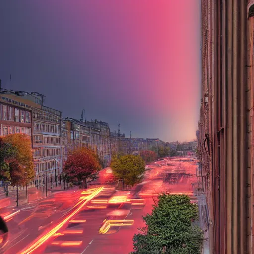 Prompt: <photograph accurate=true quality=very-high>looking out the window at a busy city street</photograph><augment>red sky</augment>