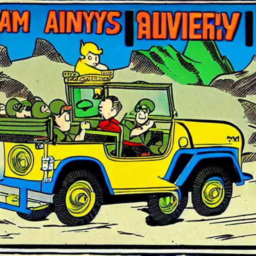 Image similar to tintin driving an army jeep. comic book