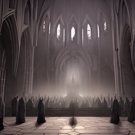 Prompt: a detailed matte painting of a cabal of high priests in black robes with black eyes, concept art, evil cathedral, incense smoke drifting through the air, portrait, artstation, volumetric lighting, exquisite detail, octane render, 8 k postprocessing