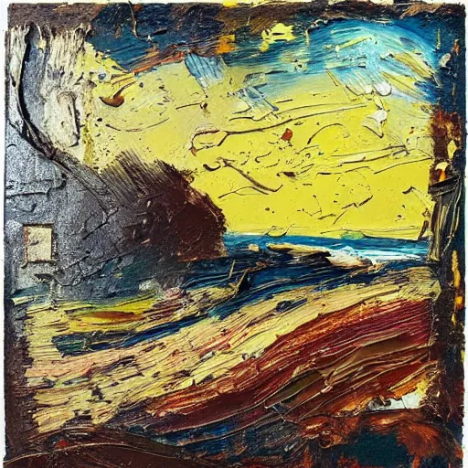 Image similar to oil paint impasto relief, beautiful italian beach scene, multi layered thick brush marks, some splattered paint, in the style of van gogh and frank auerbach and francis bacon