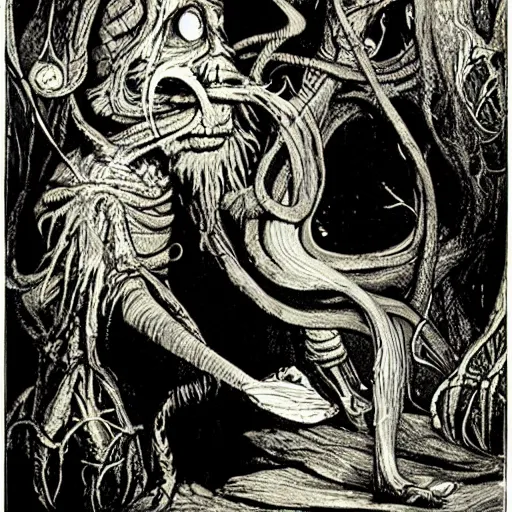 Image similar to twas brillig, and the slithy toves did gyre and gimble in the wabe all mimsy were the borogoves, and the mome raths outgrabe | by lewis carroll and hp lovecraft with doctor seuss and hr giger