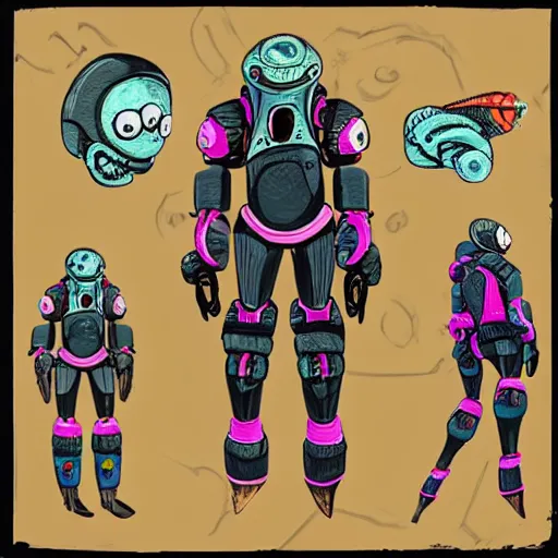 Prompt: official character sheets for an old eel biomech suit, digital 2 d screen robot face, wearing an oversized sweater, covered in coral, art by tim schafer black velvetopia art for psychonauts from double fine studios, art by splatoon from nintendo, black light rave, adult character, apocalypse