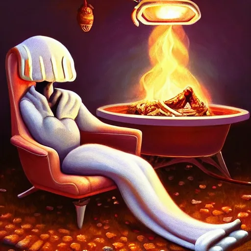 Image similar to painting of a mushroom alien sitting in a recliner by the fire smoking a pipe and wearing a soft robe and slippers, symmetrical, elegant intricate digital painting, trending on artstation, by normal rockwell