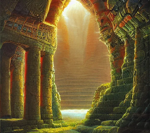 Prompt: The Lost City, illustration by Michael Whelan and Pete Lyon, fantasy art, visionary art, acrylic painting, smooth blending