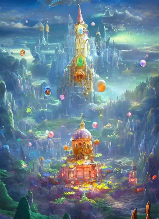 Image similar to foam priest and his bubble kingdom, unique landscape, highly detailed, flying buildings, colorful, palace, bubble trees, cinematic lighting, artstation, intricate, masterpiece, art by maria panfilova and dylan kowalski and huifeng huang