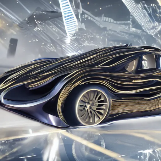 Image similar to car : motherboard forms designed by zaha hadid sci-fi futuristic ultra realistic photography, keyshot render, octane render, unreal engine 5 render, high oiled liquid glossy specularity reflections, ultra detailed, golden hour, dramatic lighting 4k, 8k, 16k in the style ofblade runner 2049 Cyberpunk 2077 ghost in the shell thor 2 marvel film : tilt shift: sharp focus