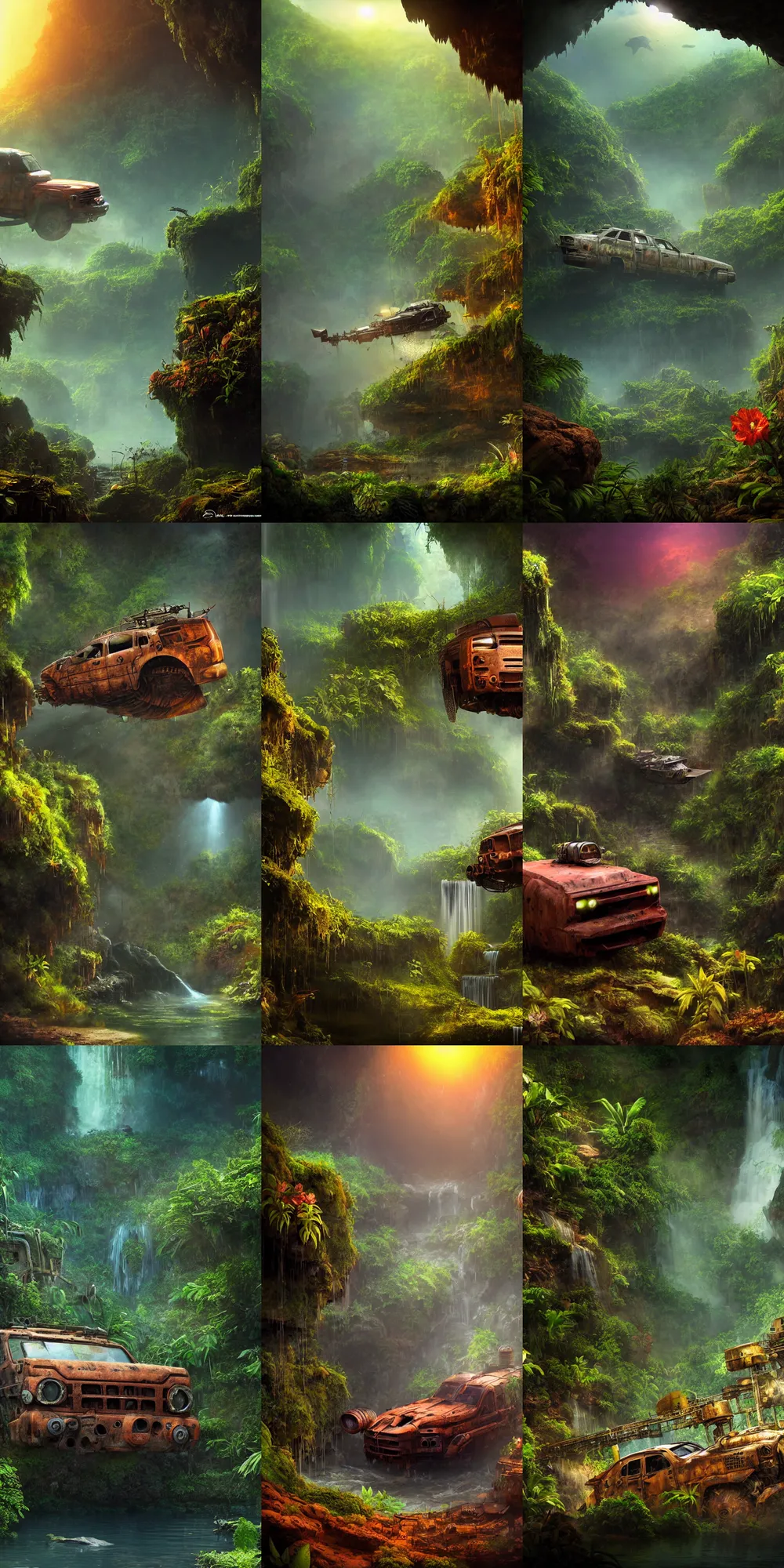 Prompt: a rusty and dirty sci - fi vehicle floating in a prehistoric jungle cave, lush flora, waterfall, mountains, flowers, vines, sunset, hazy, volumetric lighting, rtx on, photography, beautiful, stunning, ultra - detailed