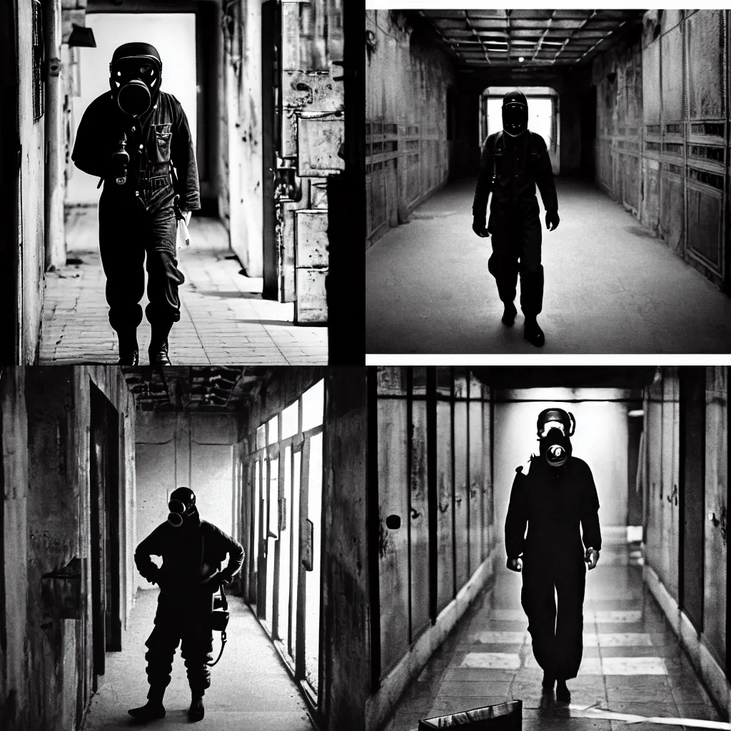 Prompt: A photograph of a man in a GP-5 gas mask and a flight suit, inside the halls of the Kowloon Walled City. Film Noir. High Contrast. Black and White.