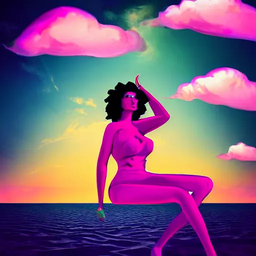 Prompt: beautiful vaporwave woman pondering the clouds on a beach, big clouds, beautiful day, digital art, illustration