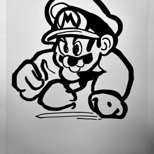 Prompt: continuous single line contour - drawing of supermario, pen on white paper